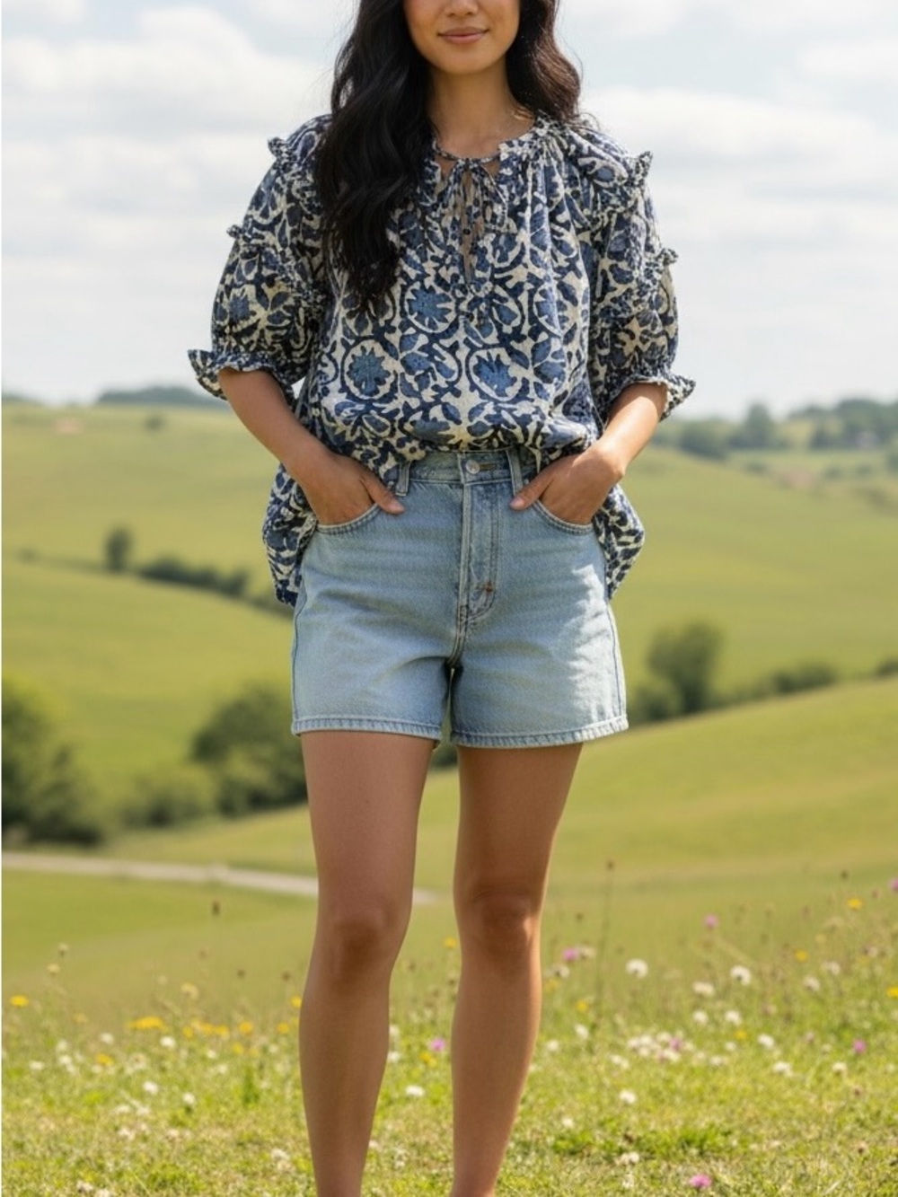 Blue and White Printed Tie-Neck Peasant Blouse - Picture 4 of 5